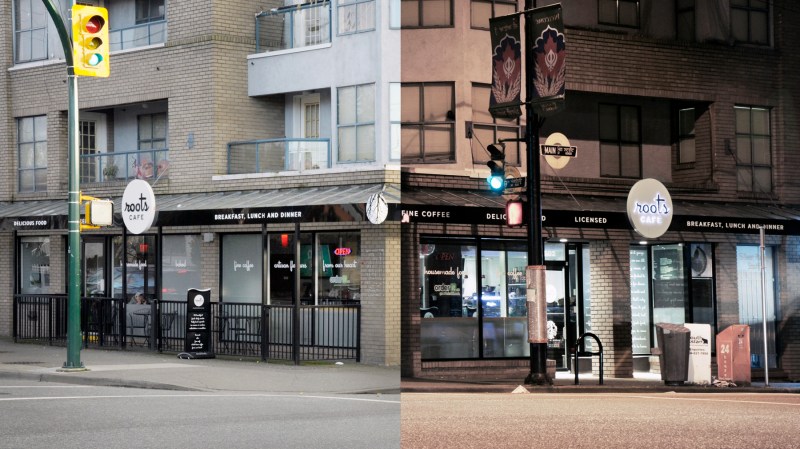 Roots Backlit Signs Vancouver Main St Day-Night